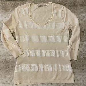 Karen Millen White Sequins Striped Fitted Knitted CottonSweater Size 2
